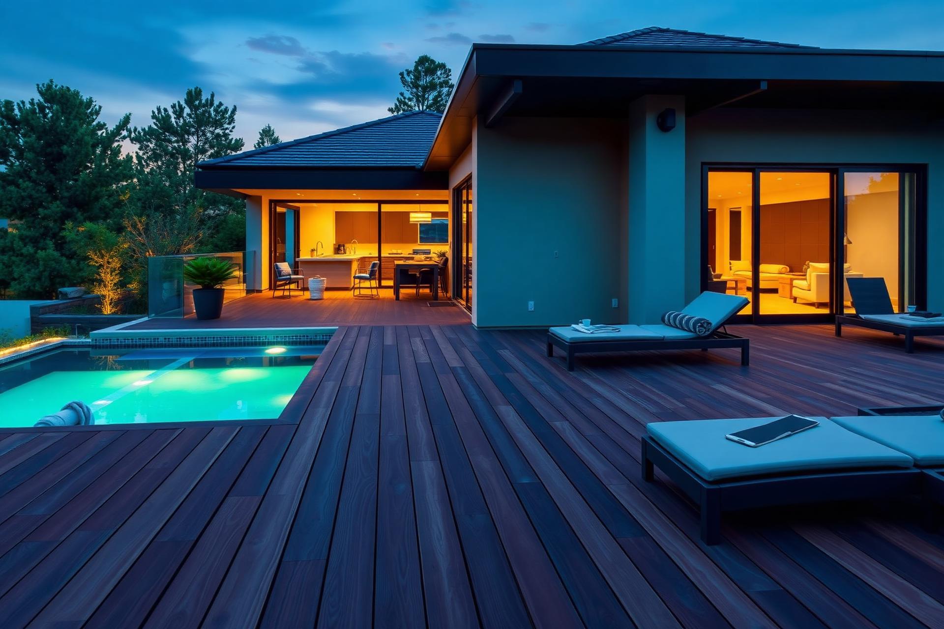 Deck de madeira plástica iluminado ao entardecer